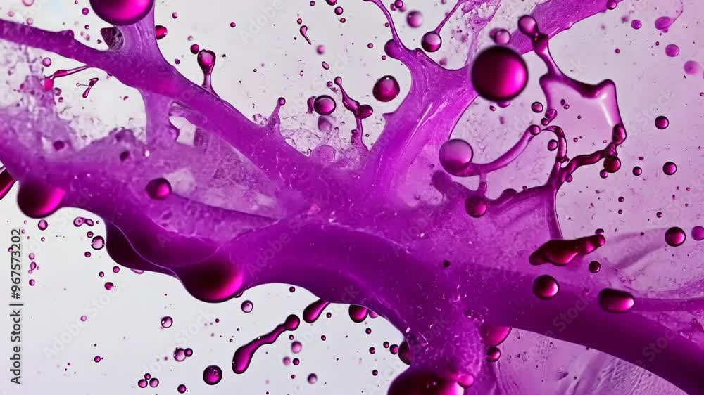 Poster captivating slow-motion splash of purple liquid with splashes and droplets featuring a delicate flow