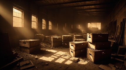 generative ai, Sunlit Abandoned Warehouse with Wooden Crates and Dust-Filled Atmosphere