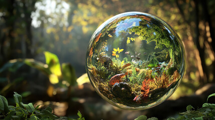 A mesmerizing eco orb gently rotates, showcasing vibrant ecosystem within, reflecting beauty of nature and passage of time