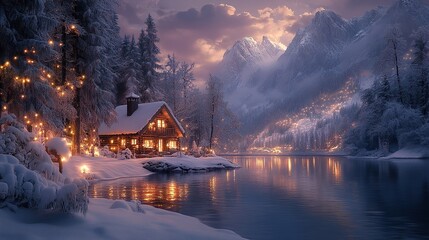 Obraz premium A Thomas Kinkade-style painting of a small, cozy cabin in the mountains, with a lake and trees, and lights on a snowy evening