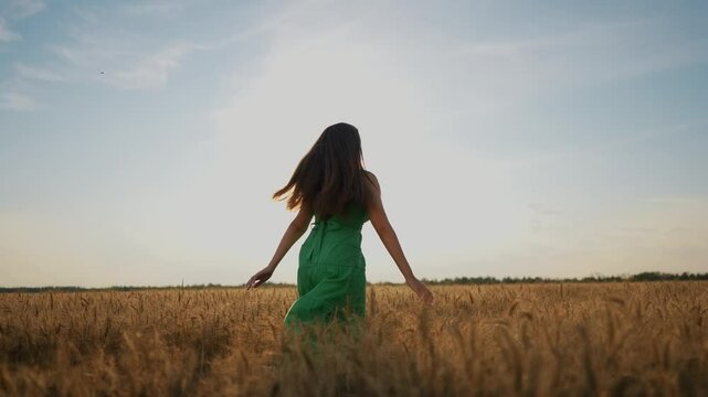 A girl in a green dress runs through the wheat. Nature happy young concept. A free woman runs through a field of wheat. A woman runs through a field of wheat and is freed crowd from bustle of the.