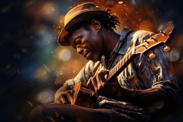 Obraz premium African Male Guitarist Performing Classical Music in Abstract Painting Illustration. Fictional Characters Created By Generative AI.