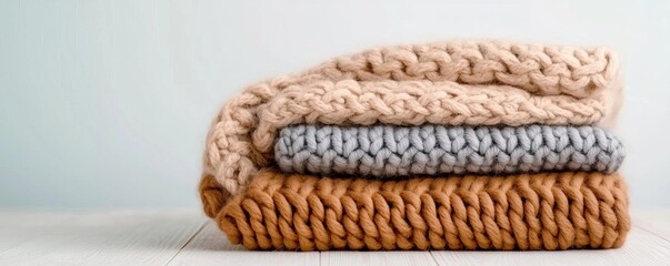 Obraz premium Textured wool blankets in earthy tones, cozy knitted details, rustic ambiance, handmade quality, soft furnishings, winter essentials