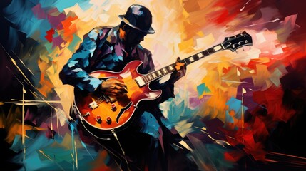 Male Guitarist Performing Classical Music in Abstract Painting Illustration. Fictional Characters Created By Generative AI.