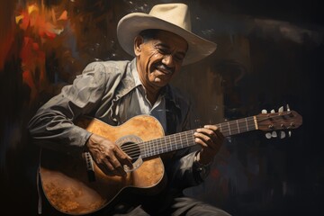 Obraz premium Cowboy Male Guitarist Performing Classical Music in Abstract Painting Illustration. Fictional Characters Created By Generative AI.
