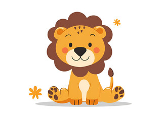 Cute cartoon lion cub vector illustration on a white background, with a simple flat design in a cute, Generative AI