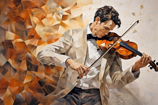 Male Violinist Musician Performing Classical Music in Abstract Painting Illustration. Fictional Characters Created By Generative AI.