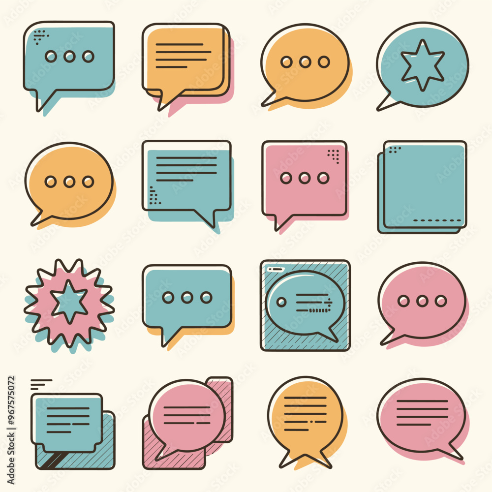 Poster colorful set of speech and message bubbles in various shapes, each featuring distinct designs and vi