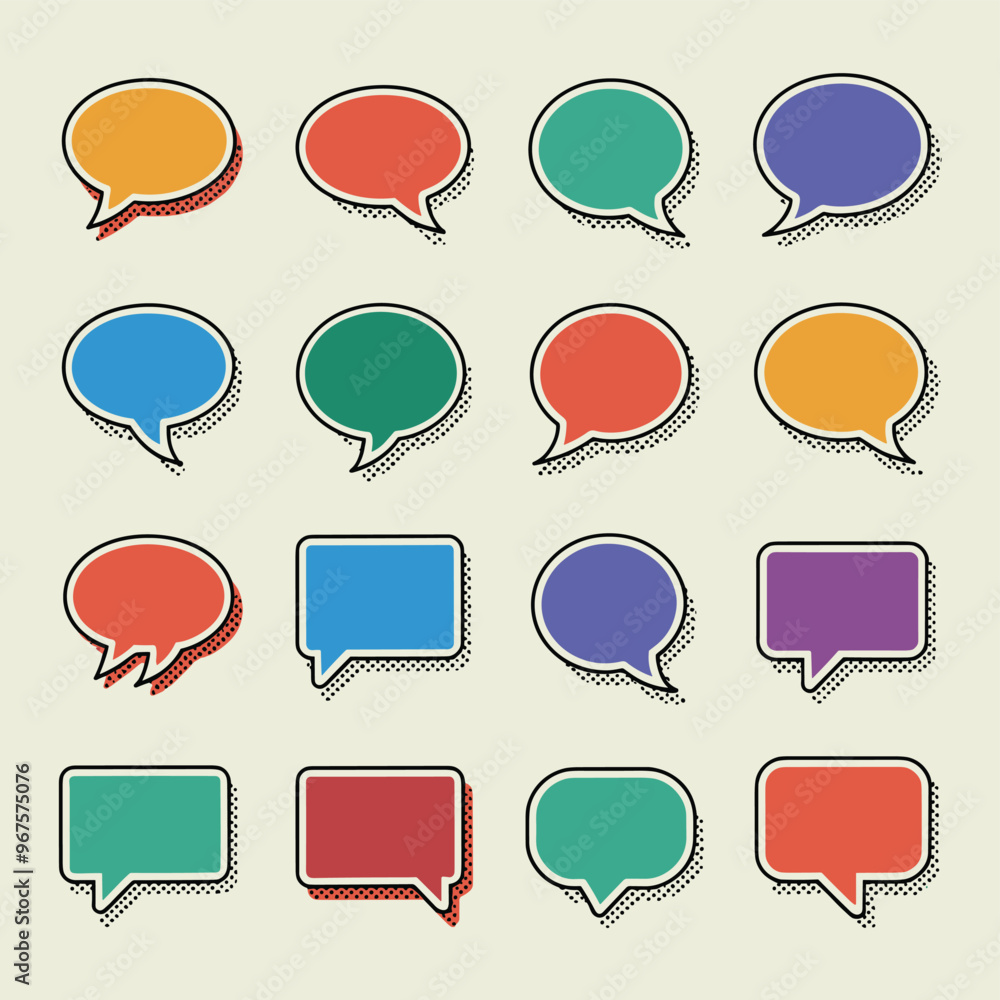 Poster a collection of colorful speech bubbles in various shapes and sizes with a pop-art style on a beige 