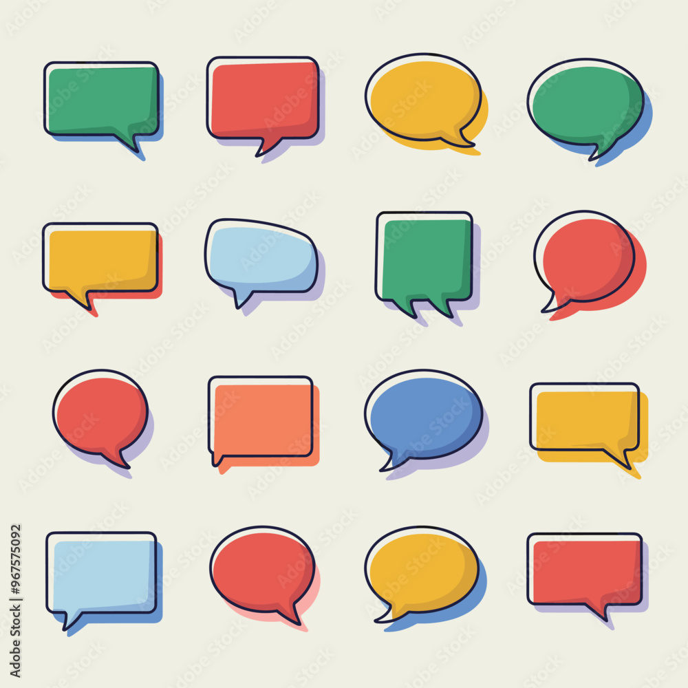 Poster a colorful collection of various speech bubbles in different shapes and sizes on a light background.