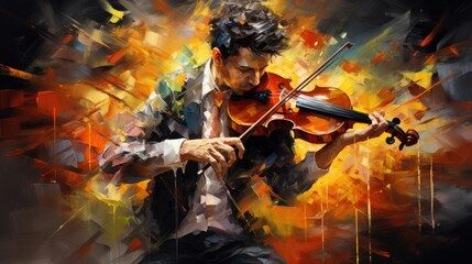 Fototapeta premium Male Violinist Musician Performing Classical Music in Abstract Painting Illustration. Fictional Characters Created By Generative AI.
