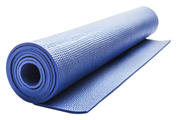 Blue yoga mat placed on the floor ready for workout session isolated on transparent background