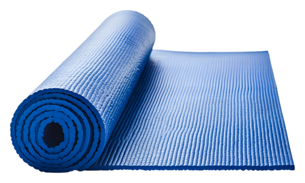 Bright blue yoga mat rolled out for exercise in a fitness studio isolated on transparent background