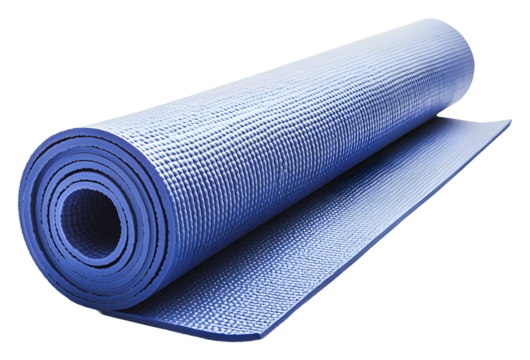 Blue yoga mat placed on the floor ready for workout session isolated on transparent background