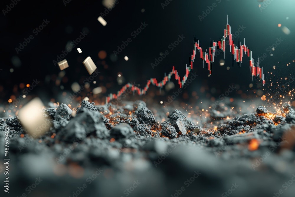 Poster dramatic visualization of stock market turbulence with falling graphs and erupting particles