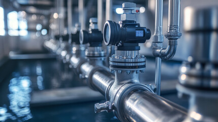 Fototapeta premium Advanced industrial water pump station featuring high tech valves and pipes, showcasing modern engineering and efficiency in water management