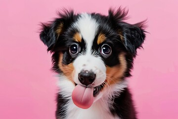 Playful and Adorable Australian Shepherd Puppy Eating on Pink Background