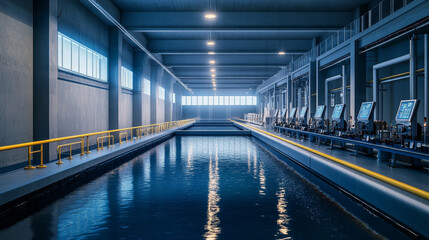 Fototapeta premium Modern industrial water treatment facility featuring large tanks and advanced machinery. spacious interior is illuminated by natural light, creating serene atmosphere