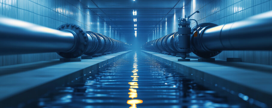 A long industrial pipeline for water distribution runs through dimly lit corridor, reflecting blue light on water surface. scene conveys sense of depth and engineering precision
