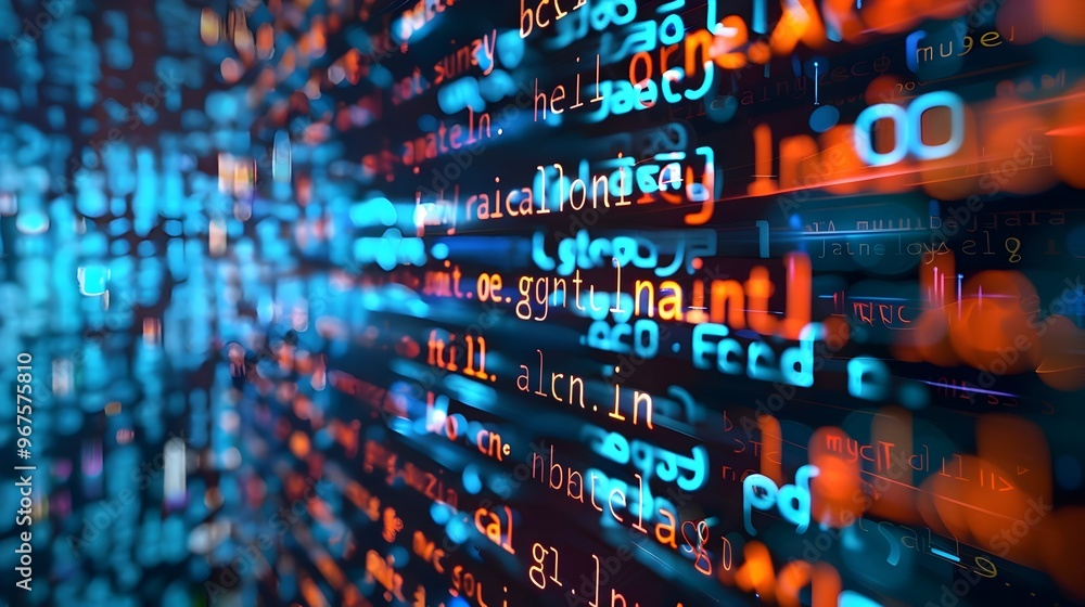 Poster vibrant digital data code streaming on electronic display for technology and innovation conceptual