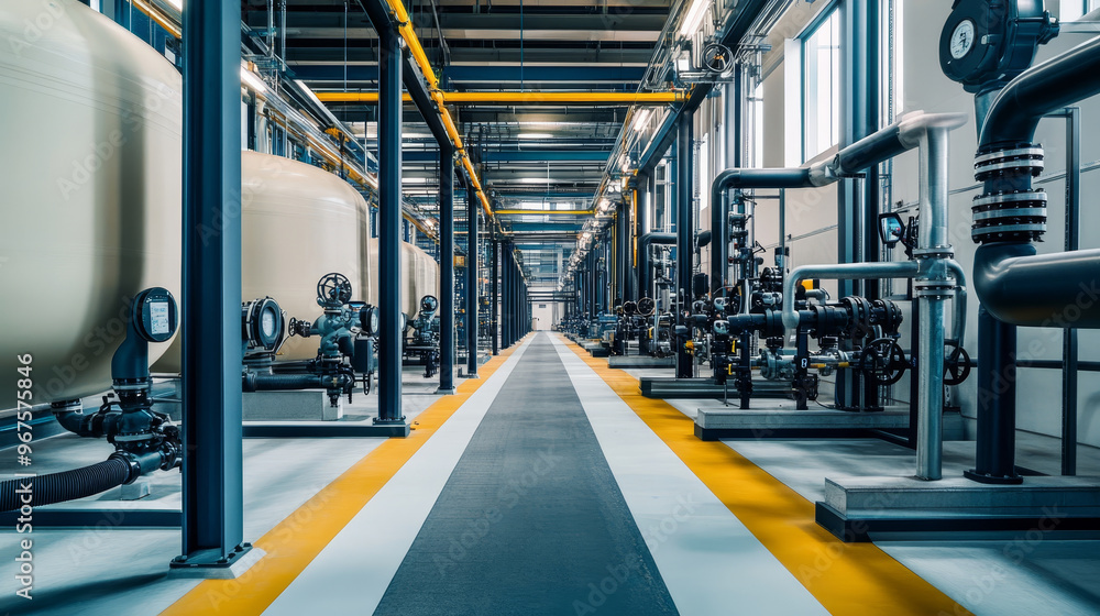 Poster large water distribution system in factory featuring industrial pipes, valves, and tanks. spacious l