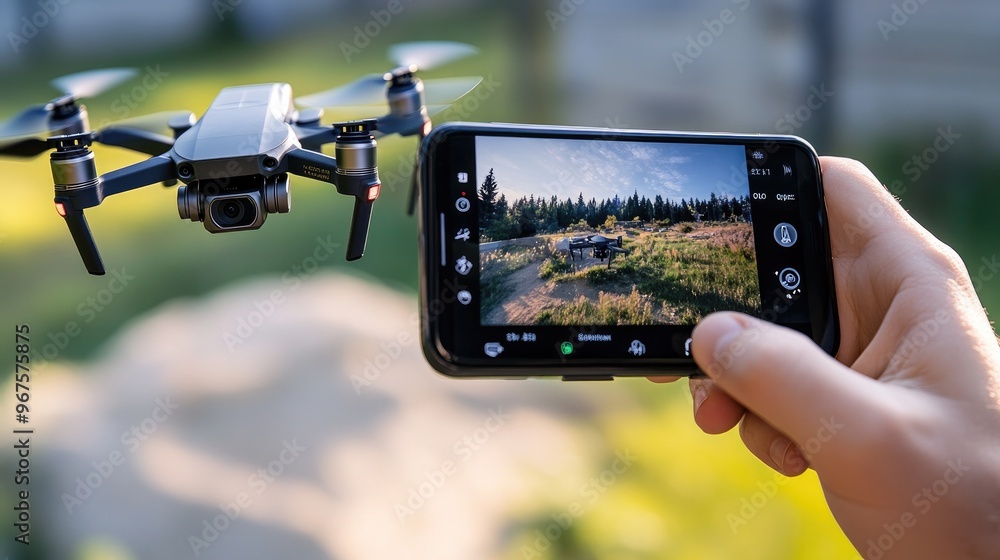 Aufkleber a person using a mobile phone to control a drone, with a live camera feed displayed.