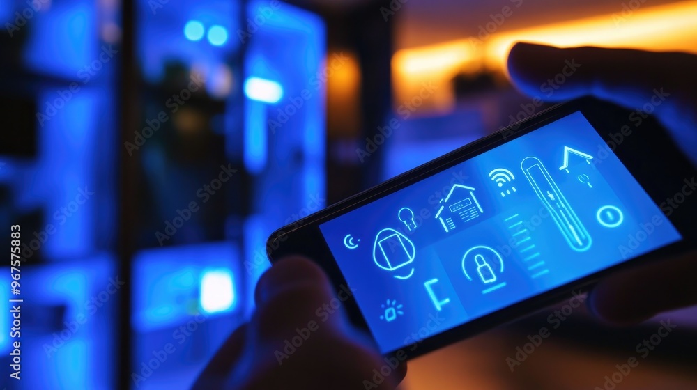 Poster a person using a mobile phone to control smart home devices, with icons for lights and locks visible