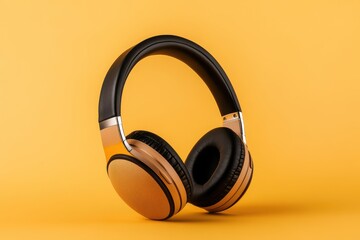 Modern black and gold headphones on yellow background