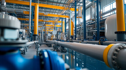 Water distribution system in large factory features extensive piping and industrial equipment, showcasing complex network of operations. vibrant colors and structured layout evoke sense of efficiency