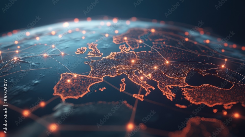 Poster dynamic digital representation of interconnected global trade networks illuminating oceans and lands