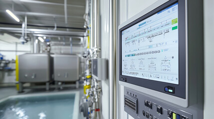 Smart water management system for factories, showcasing advanced technology and control panels. This image highlights integration of automation in industrial settings, emphasizing efficiency and preci
