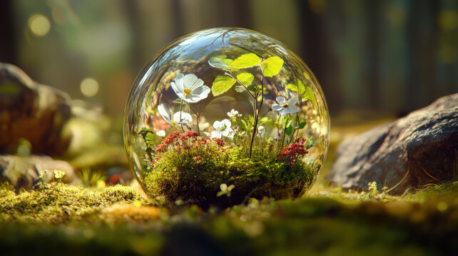 A serene forest microcosm captured in glass sphere, showcasing vibrant flowers and lush greenery. This enchanting scene evokes sense of tranquility and wonder