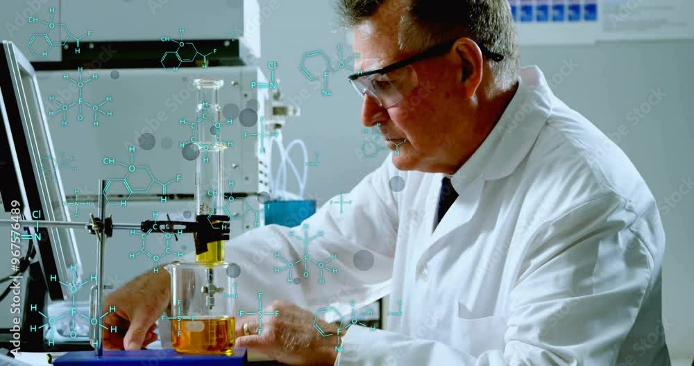 Wall mural Animation of scientific data processing over caucasian male scientist in laboratory