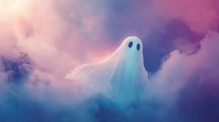 Ethereal ghost floating amidst vibrant clouds, creating a mystical and whimsical atmosphere in soft pastel colors.