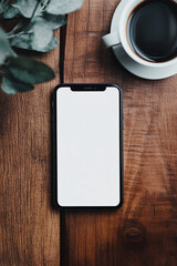 smart phone blank white screen mockup on a wooden table with attractive background generated by AI
