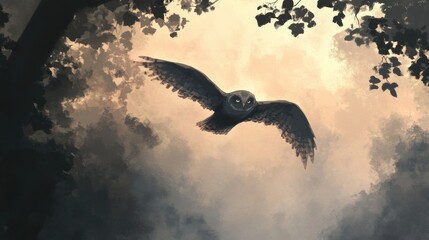 Fototapeta premium Majestic owl gliding through misty forest at dusk, showcasing nature's beauty and tranquility in a serene, magical setting.