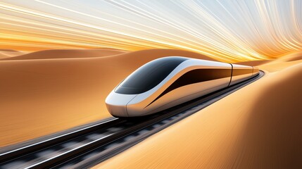 Fototapeta premium A futuristic train speeding across a vast desert, with sleek design and a shimmering force field surrounding it