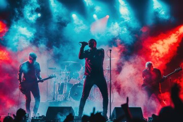 Rock Band Performing on Stage with Colorful Lighting
