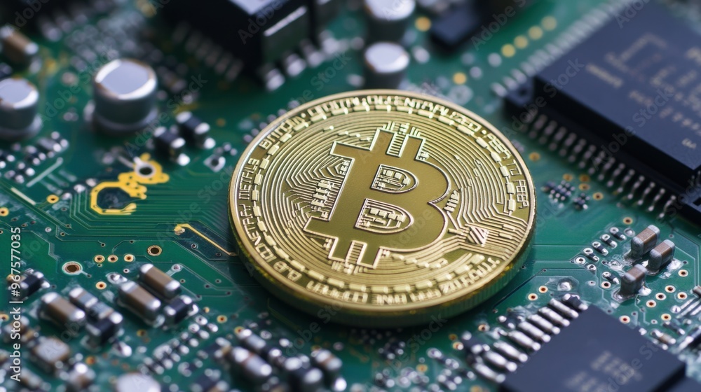 Poster a physical bitcoin coin placed on top of a computer circuit board, symbolizing digital