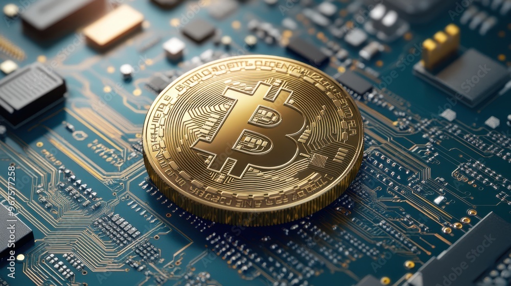Aufkleber a physical bitcoin coin placed on top of a computer circuit board, symbolizing digital
