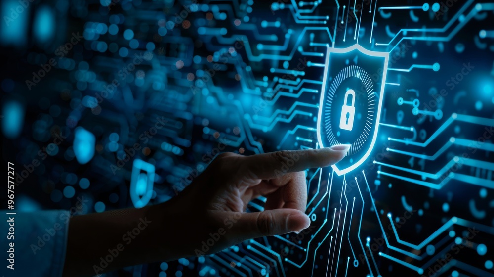 Poster secure access and data protection in technology cybersecurity concept with virtual shield symbol and
