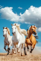 Obraz premium A herd of wild horses galloping across an open plain, their manes flowing in the wind under a wide-open sky