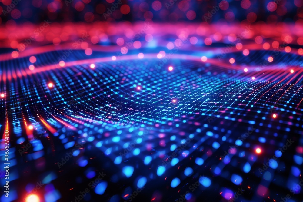Poster illuminated futuristic digital grid - abstract dark blue pattern with red glowing lines and dots on 