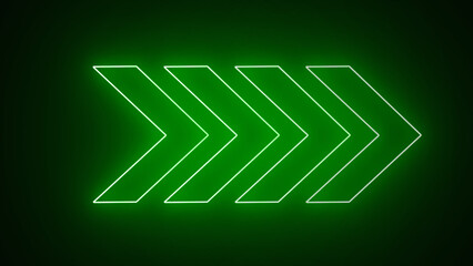 Light Arrow Retro  neon index animation neon sign, lead Casino Neon Effect. Glowing neon directional arrow in green. Neon Fury with Shining Effects, Highlights on a Black Background.