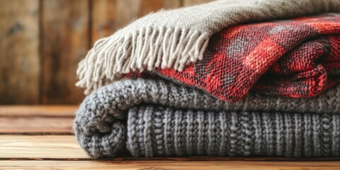 Folded stack of thick knitted and plaid blankets on a wooden surface for cozy warmth