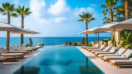 Fototapeta premium Luxurious Infinity Pool at Tropical Beach Resort with Ocean Backdrop