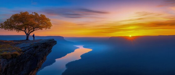 Peaceful Sunset Reflections Over Calm Water with Silhouetted Tree on Cliff