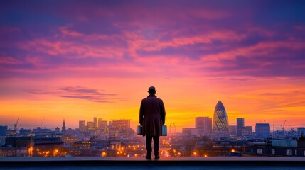Man Contemplating Cityscape at Sunset