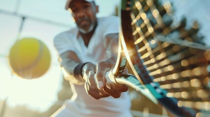 Close&nbsp;-&nbsp;up of a man playing tennis,&nbsp;hitting the ball with a racket,&nbsp;focusing on the action and details of the sportswear The background is blurred to emphasize the player's movement