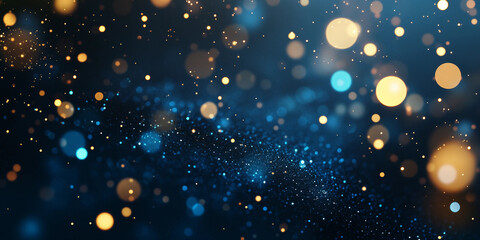 Dark navy blue background with sparkling golden lights bokeh effect 
